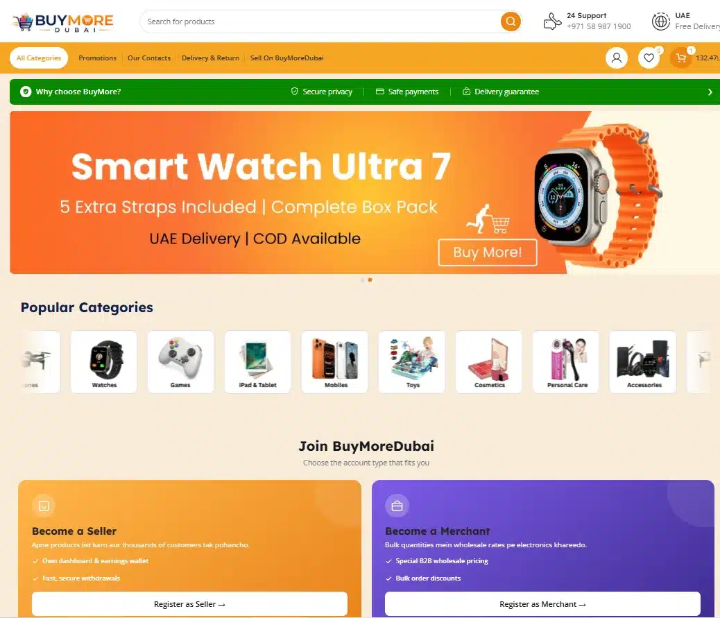 BuyMore Dubai electronics marketplace homepage on desktop