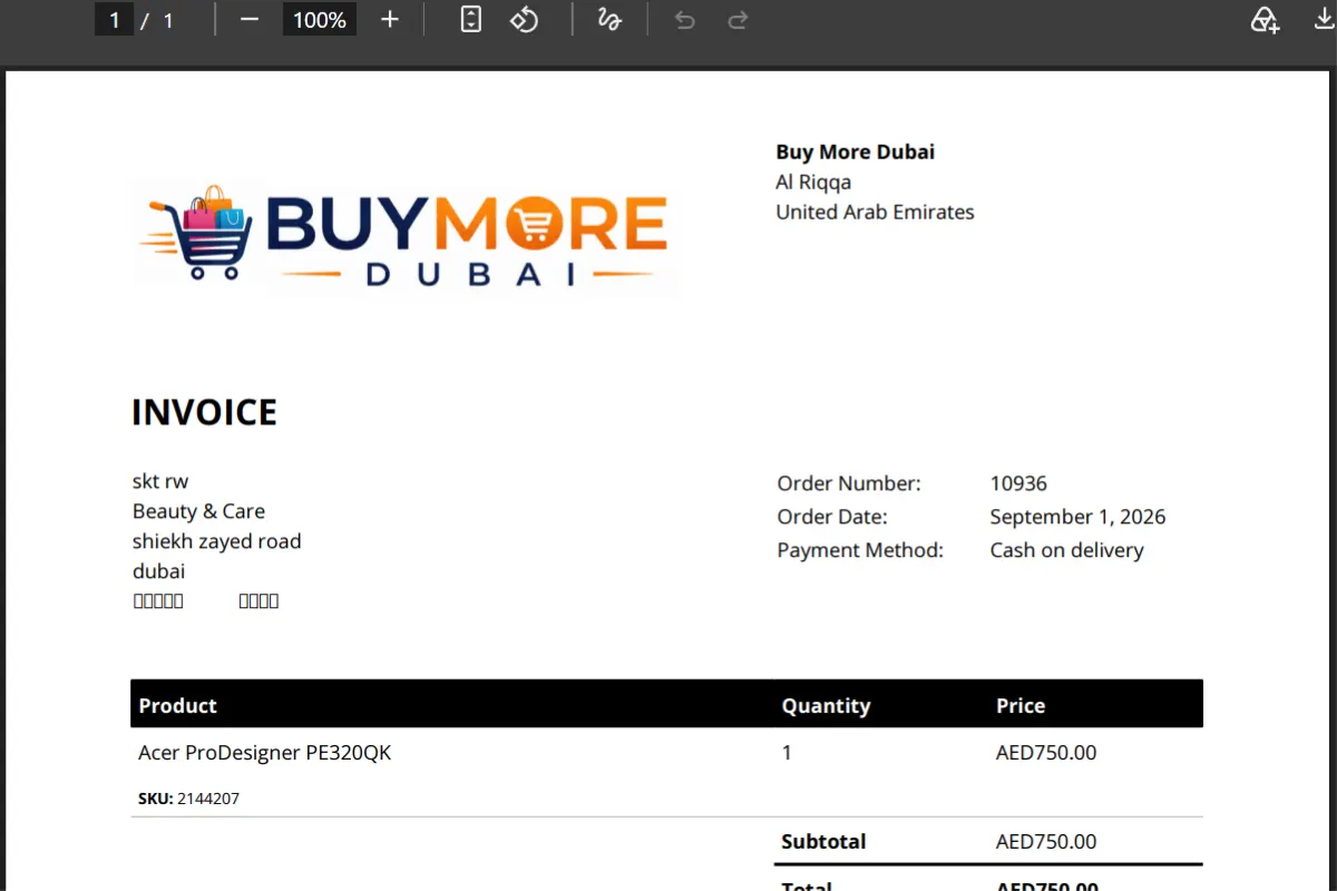 Automatic WooCommerce PDF invoice on BuyMore Dubai