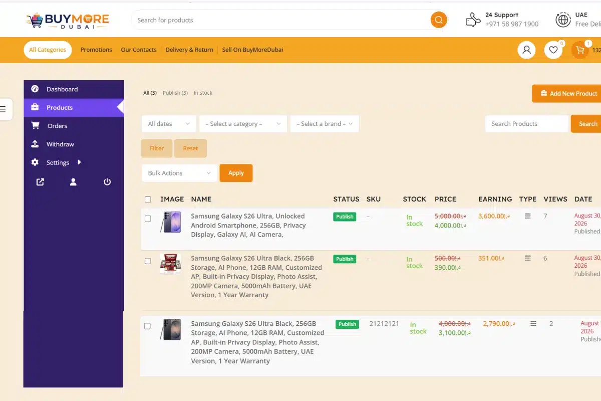 BuyMore Dubai multi-vendor seller account dashboard